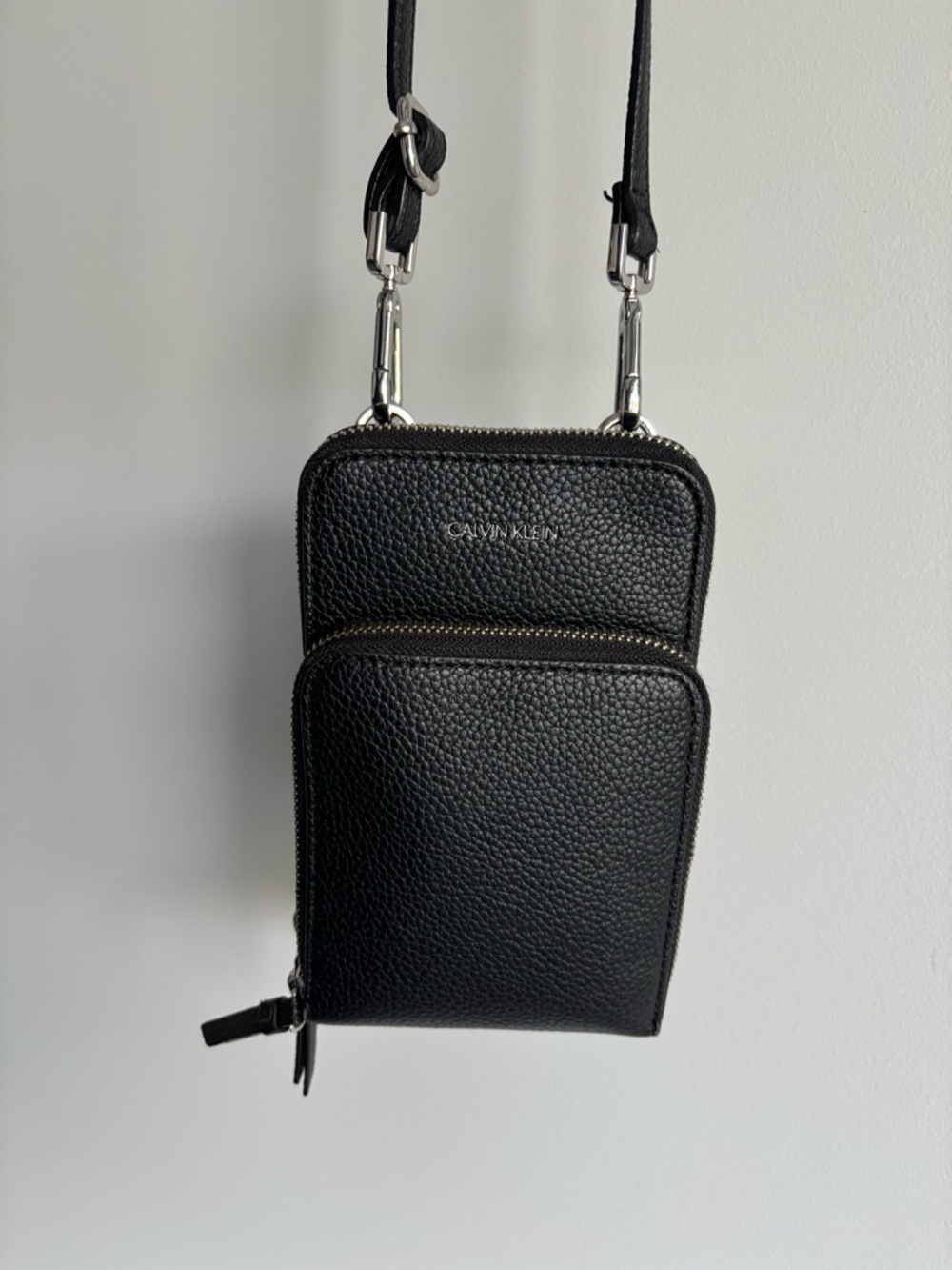 Calvin Klein Black Pebbled Leather Crossbody Pouch with Silver Hardware